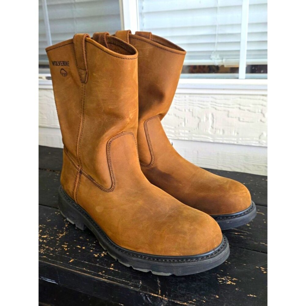 Wolverine Wellington Brown Leather Pull-On Work Boots, Mid-Calf Mens 14M
